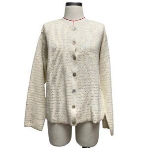 Coldwater Creek Womens Size L Ivory Sequin Knit Button Up Cardigan Sweater